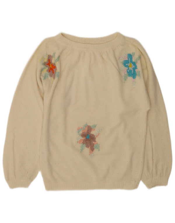Vintage Dame Boat Neck Jumper Sweater UK 12 Medium Off White Floral
