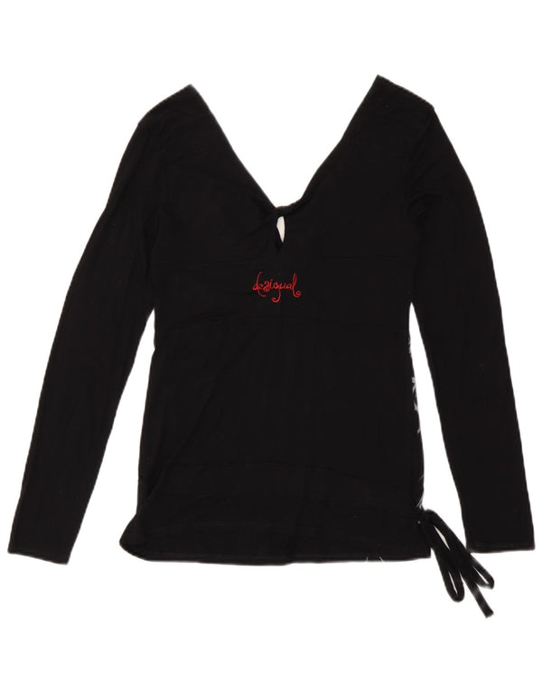 Desigual Dame Grafisk Langærmet Bluse Top UK 10 Small Black Viscose