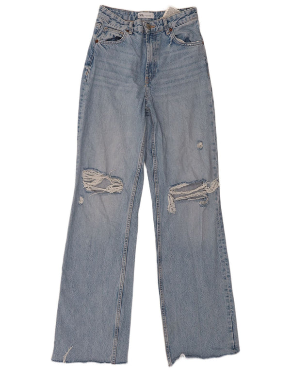 Zara Dame Højtaljede Distressed Loose Jeans EU 36 XS W26 L34 Blå Bomuld