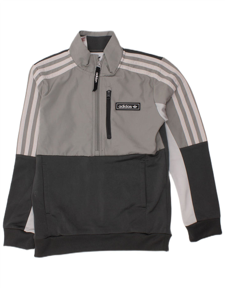 ADIDAS Boys Zip Neck Sweatshirt Jumper 7-8 Years Grey Colourblock