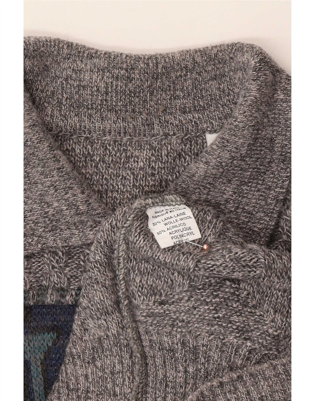Vintage herre polo hals sweater stor grå geometrisk uld