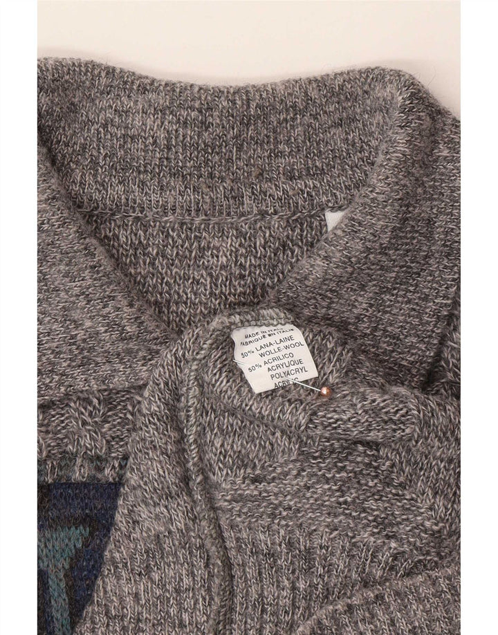Vintage herre polo hals sweater stor grå geometrisk uld