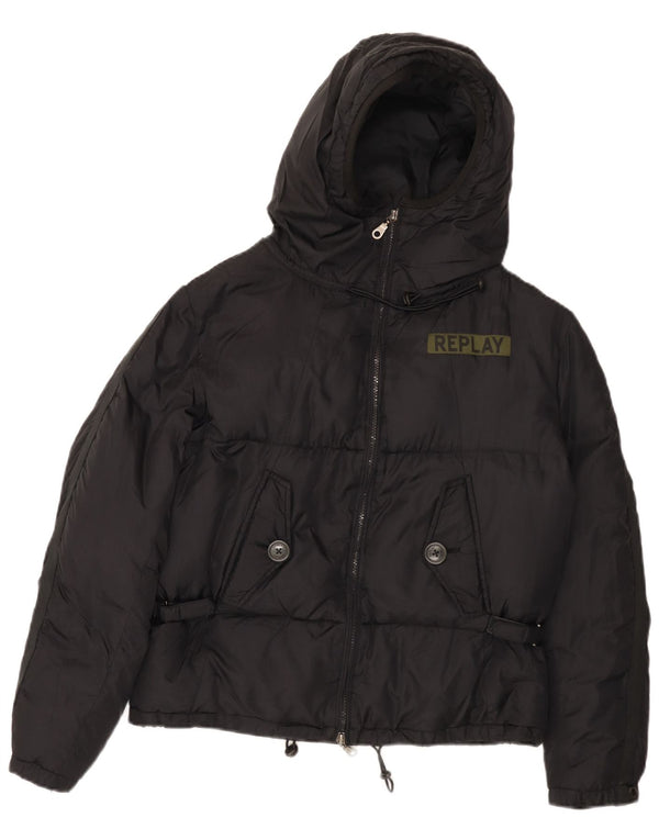 Replay Dame Hætte Oversized Polstret Jakke UK 10 Small Black Polyamide
