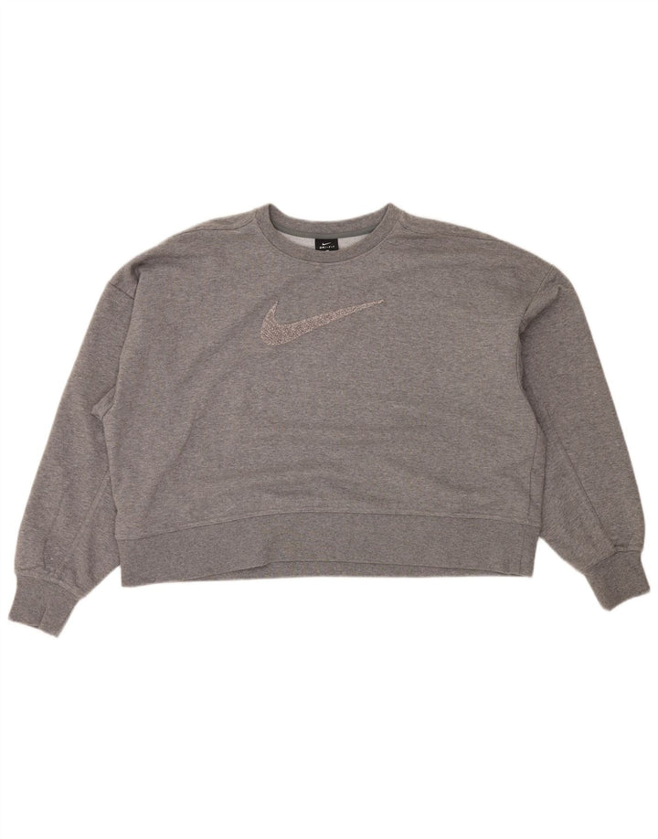 NIKE Dame Oversized Grafisk Crop Sweatshirt Jumper UK 16 Large Grå