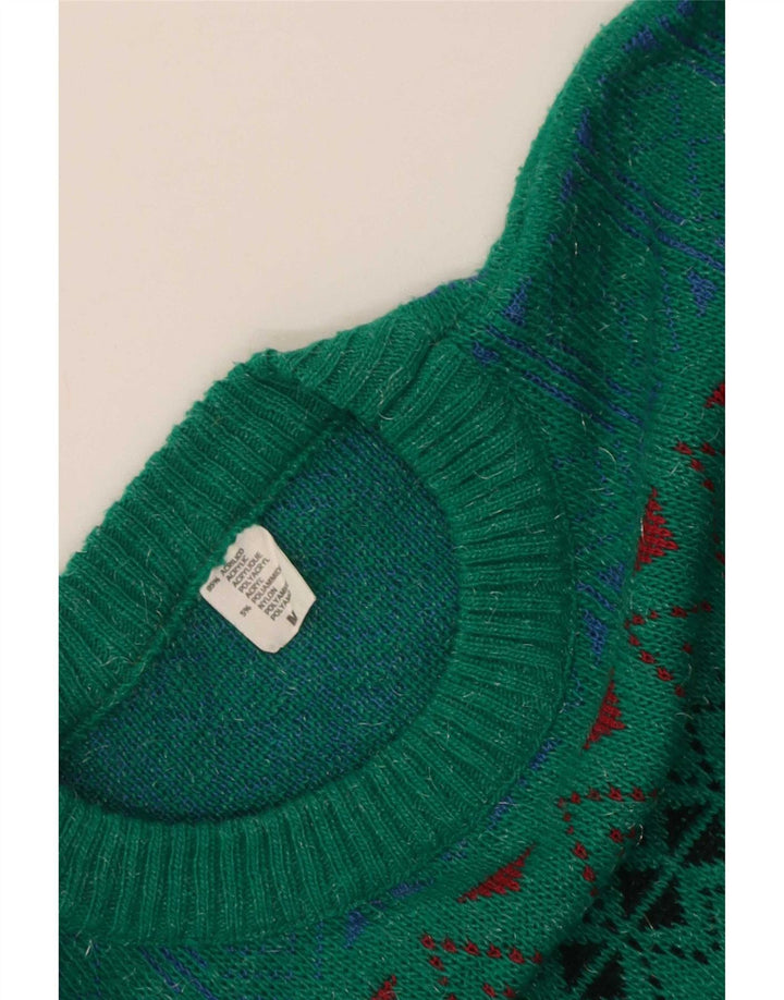 Vintage herre rund hals sweater mellemgrøn geometrisk akryl