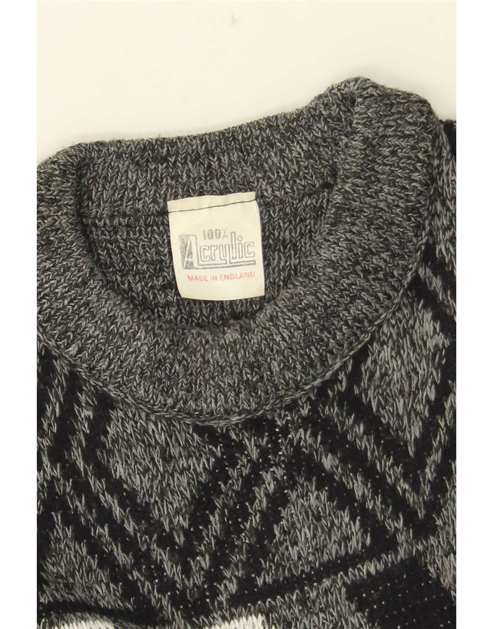 Vintage herre rund hals sweater mellemgrå geometrisk akryl