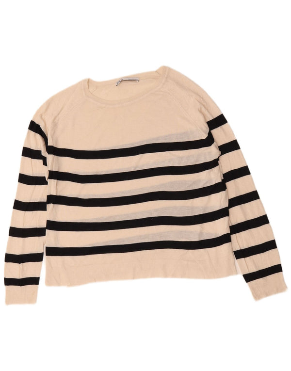 Zara Dame Boat Neck Jumper Sweater UK 14 Medium Off White Stribet