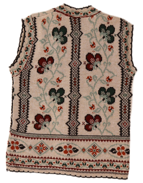 Vintage Womens Sleeveless Cardigan Sweater UK 14 Large Beige Floral Acrylic