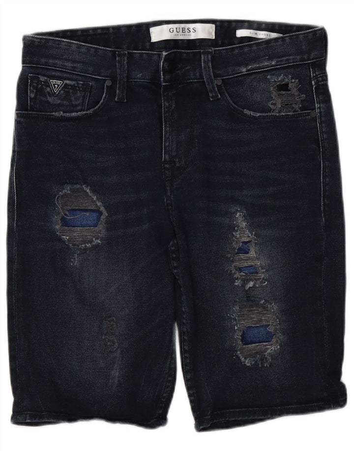 GUESS Herre Slim Distressed Denim Shorts W30 Medium Navy Blue Bomuld