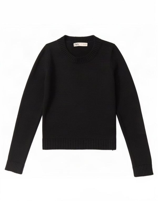 Zara Womens Crop Crew Neck Jumper Sweater UK 8 Small Black Acryl