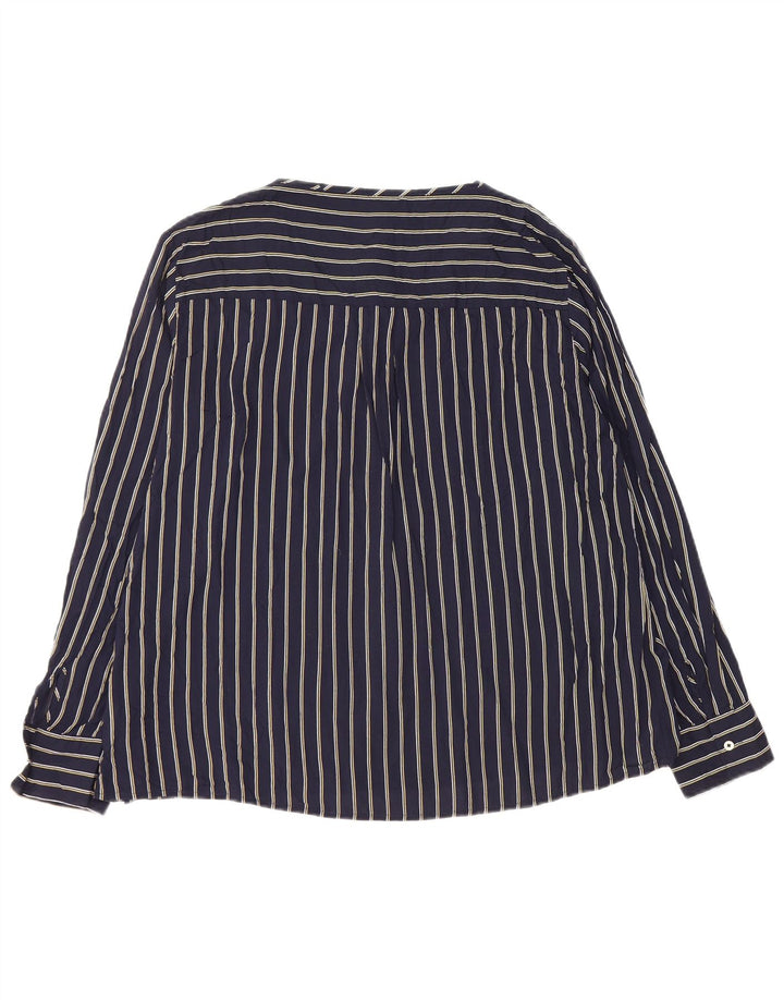 BENETTON Dame Langærmet Bluse Top UK 16 Large Navy Blue Pinstripe