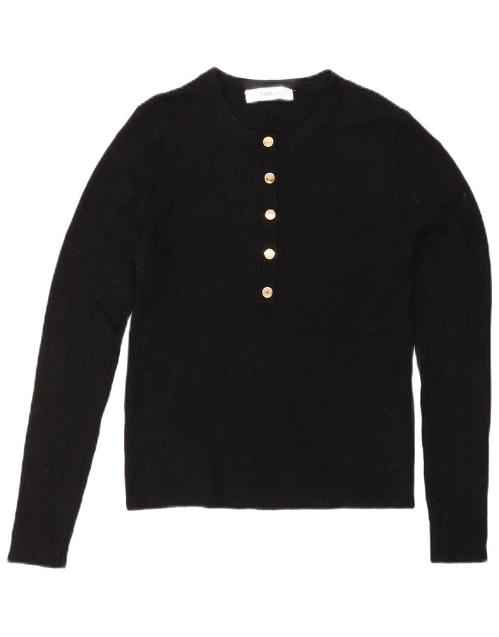 ZARA Womens Crop Button Neck Jumper Sweater UK 12 Medium Black Viscose