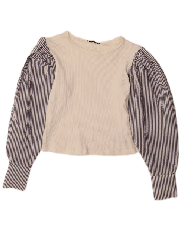 ZARA Womens Crop Langærmet Bluse Top UK 12 Medium White Pinstripe