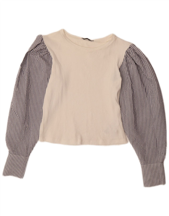 ZARA Womens Crop Langærmet Bluse Top UK 12 Medium White Pinstripe