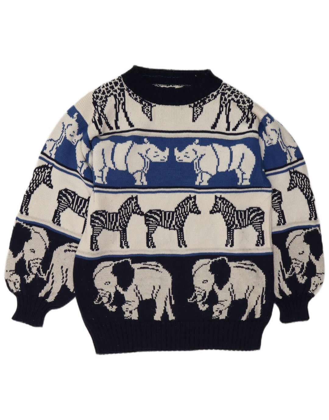 VINTAGE Dame sweater med rund hals DK 18 XL Navy Blue Animal Print