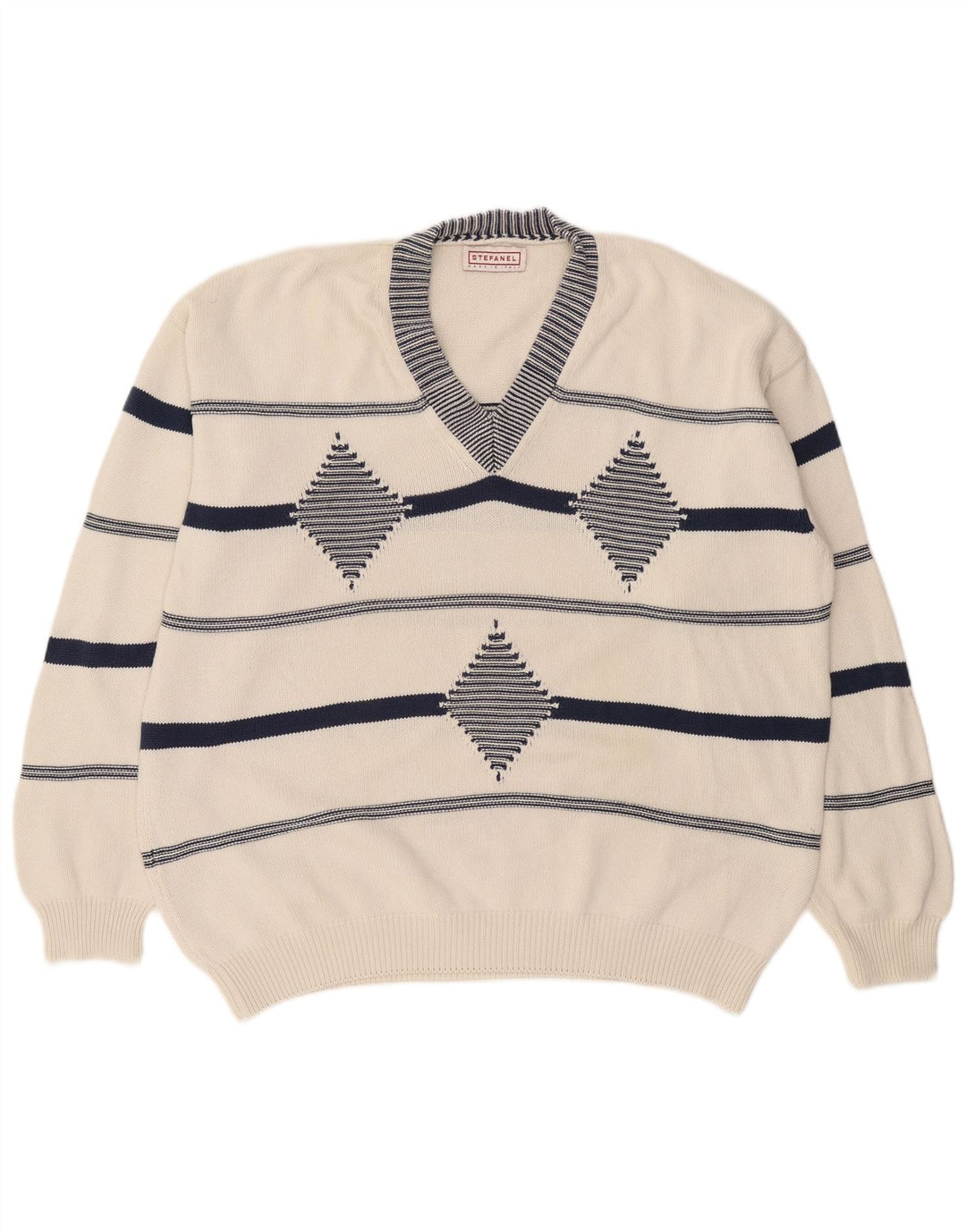 Stefanel Herre V-hals sweater XL Hvid Argyle/Diamant