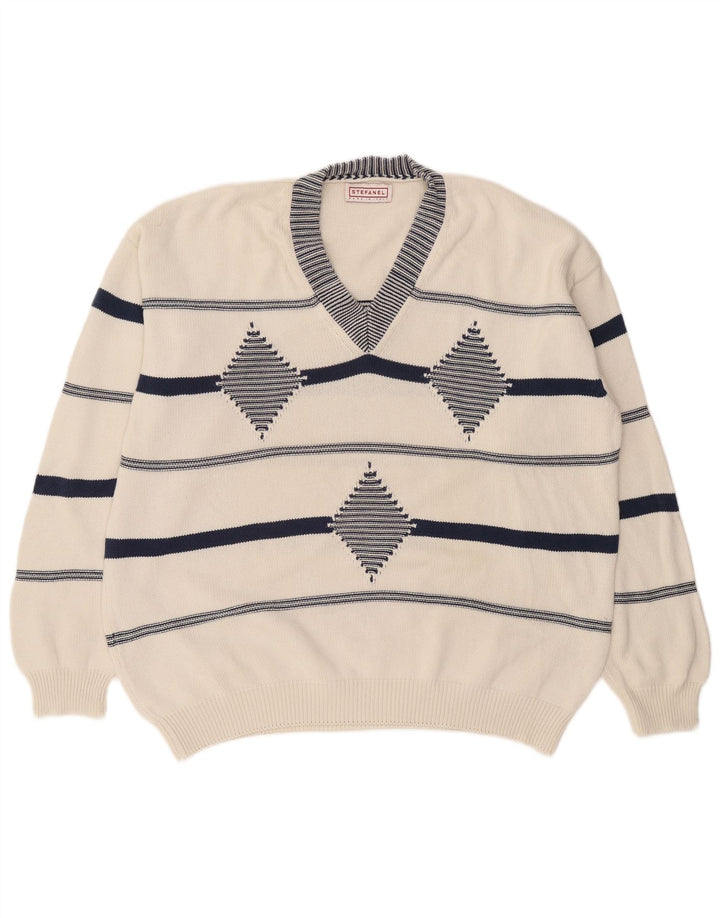Stefanel Herre V-hals sweater XL Hvid Argyle/Diamant