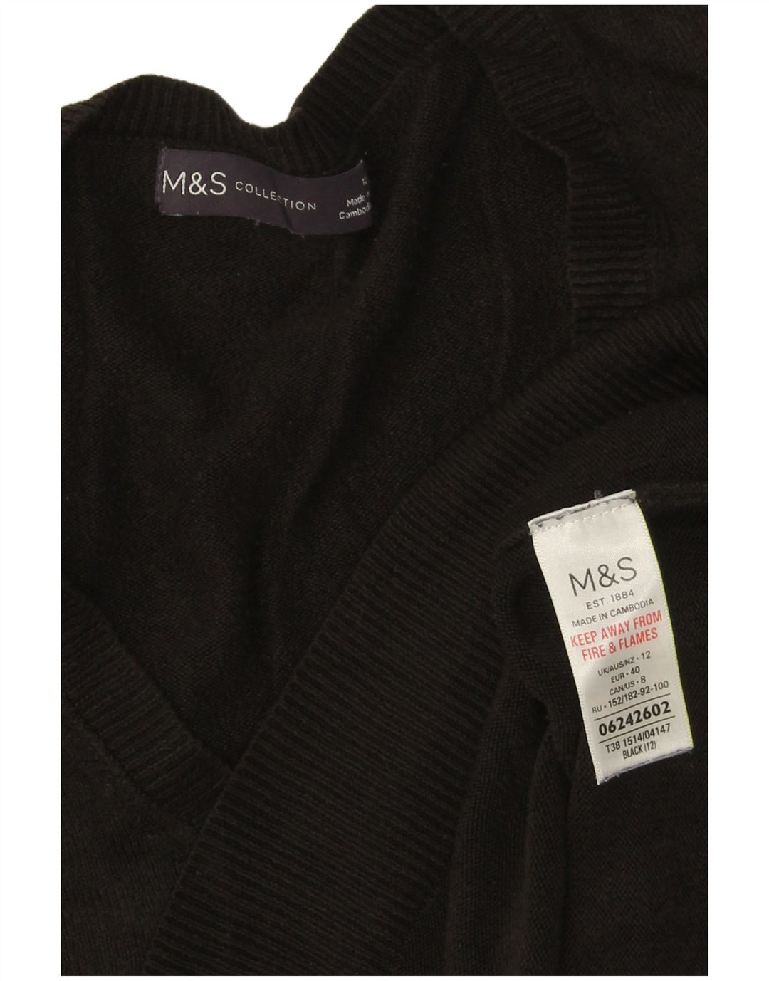 Marks & Spencer Dame V-hals sweater UK 12 Medium Sort Akryl