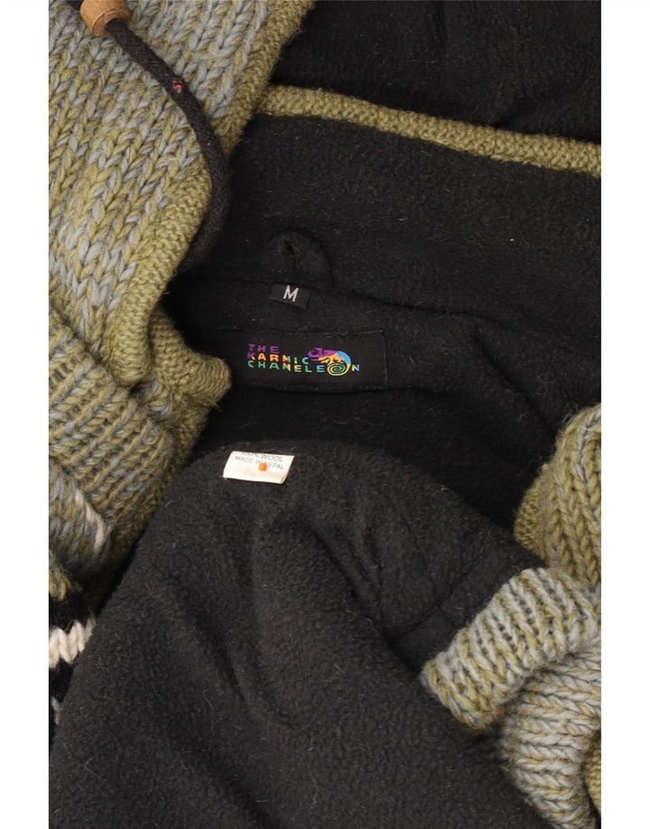 VINTAGE Herre hætte cardigan sweater Medium Khaki Fair Isle Wool