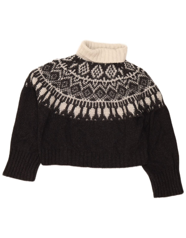 Massimo Dutti Dame Crop Roll Neck Jumper Sweater UK 6 XS Black Fair Isle