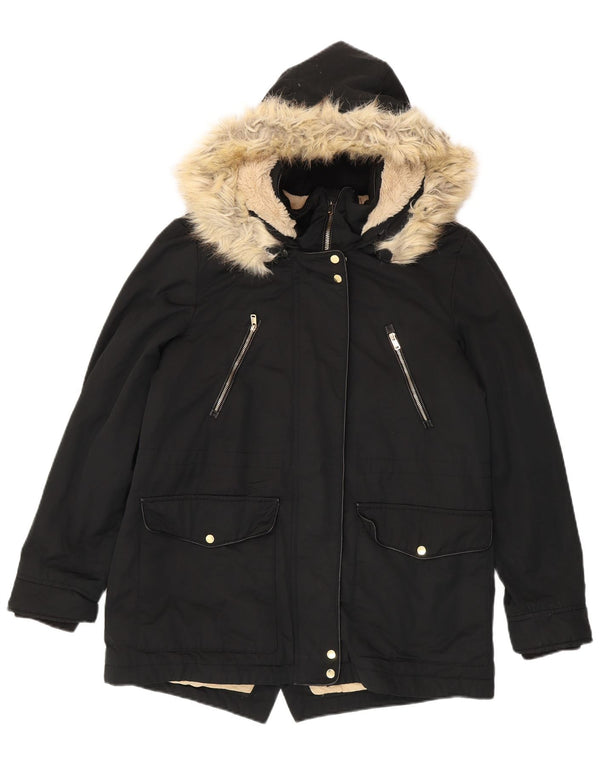 ZARA Trafaluc Sherpa Parkajakke med hætte til kvinder UK 14 Medium Sort