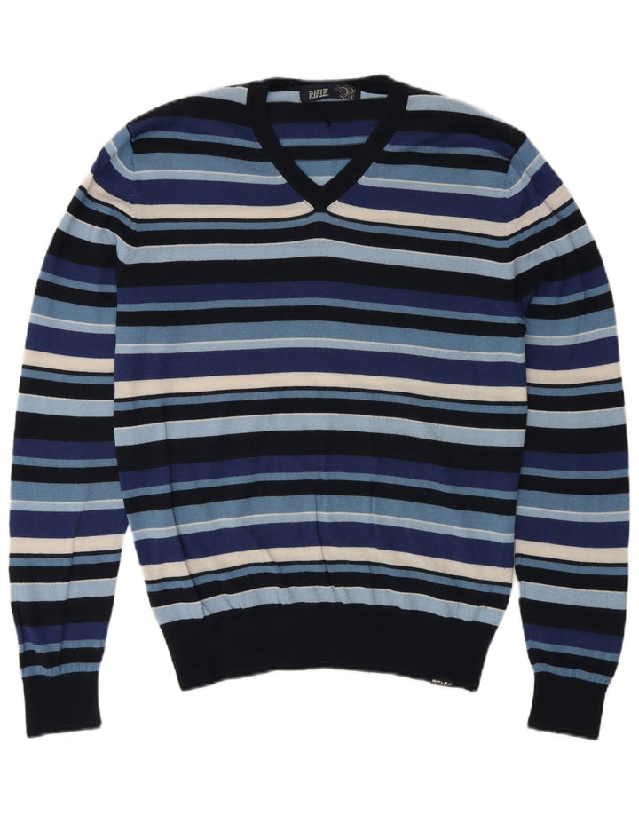 Rifle Herre V-hals sweater Medium Marineblå Stribet Uld