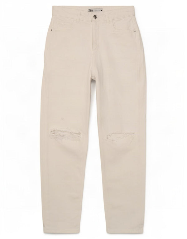 Zara Dame Distressed Tapered Jeans EU 36 XS W26 L27 Hvid