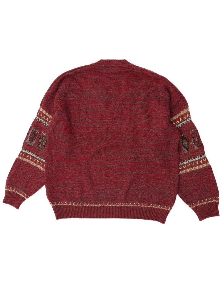 Fiume Herre V-hals sweater Large Burgundy Fair Isle Wool