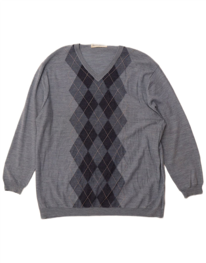 BANANA REPUBLIC Mens V-Neck Jumper Sweater Large Blue Argyle/Diamond