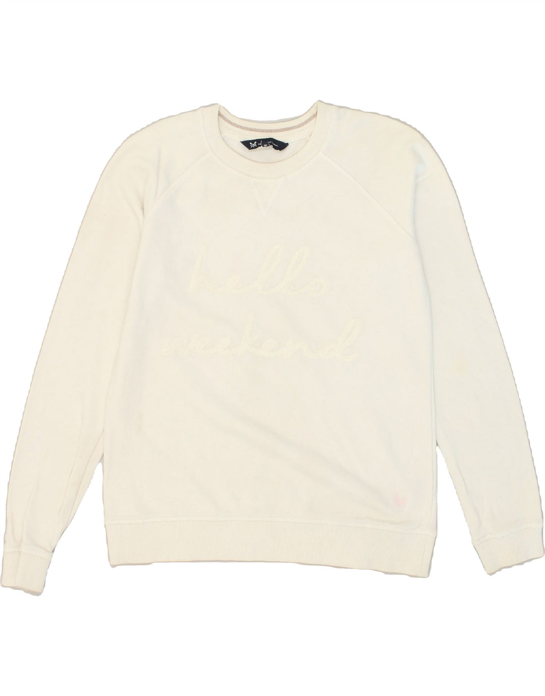 CREW CLOTHING Womens Graphic Sweatshirt Jumper UK 8 Small White Cotton | Vintage Crew Clothing | Thrift | Second-Hand Crew Clothing | Used Clothing | Messina Hembry 