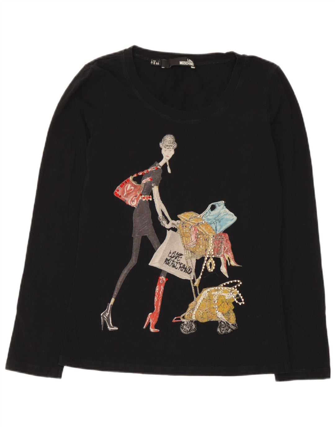 Moschino Dame Grafisk Top Langærmet UK 12 Medium Sort