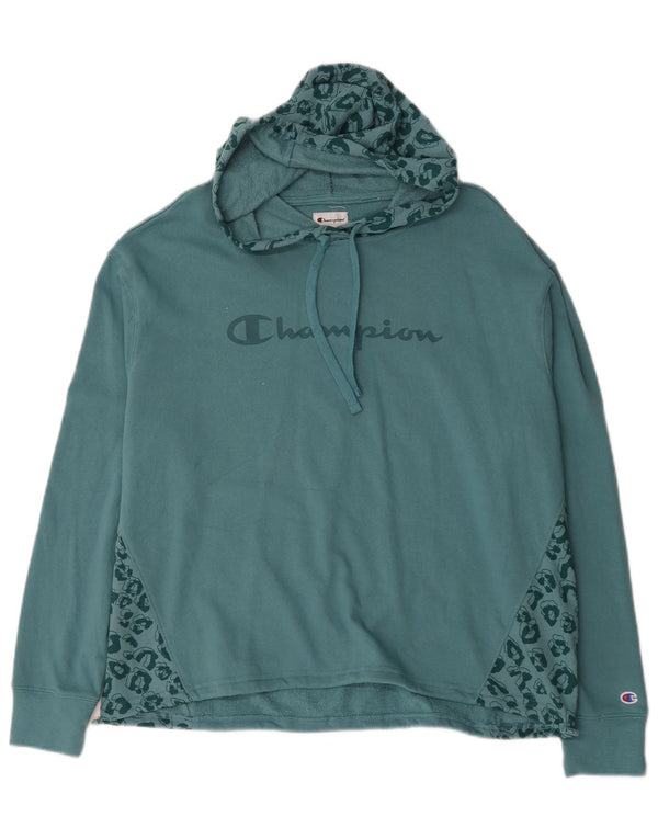Champion Dame Grafisk Hoodie Jumper UK 16 Large Blue Animal Print