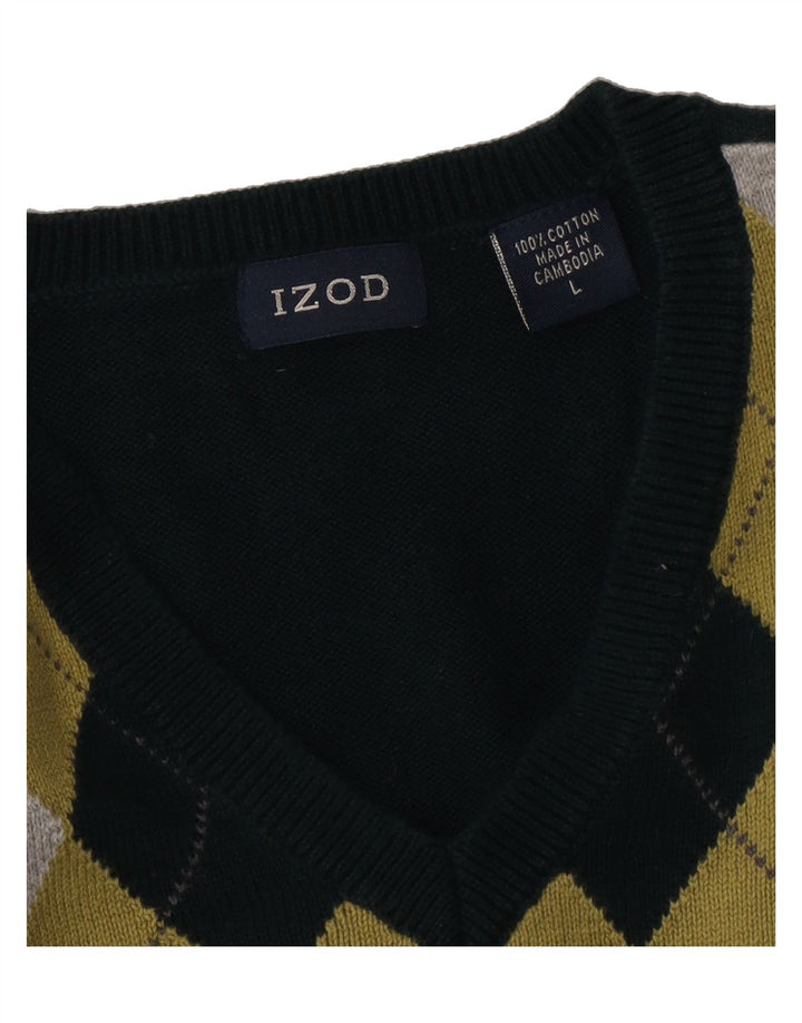 IZOD Mens V-Neck Jumper Sweater Large Green Argyle/Diamond Cotton Vintage Izod and Second-Hand Izod from Messina Hembry 