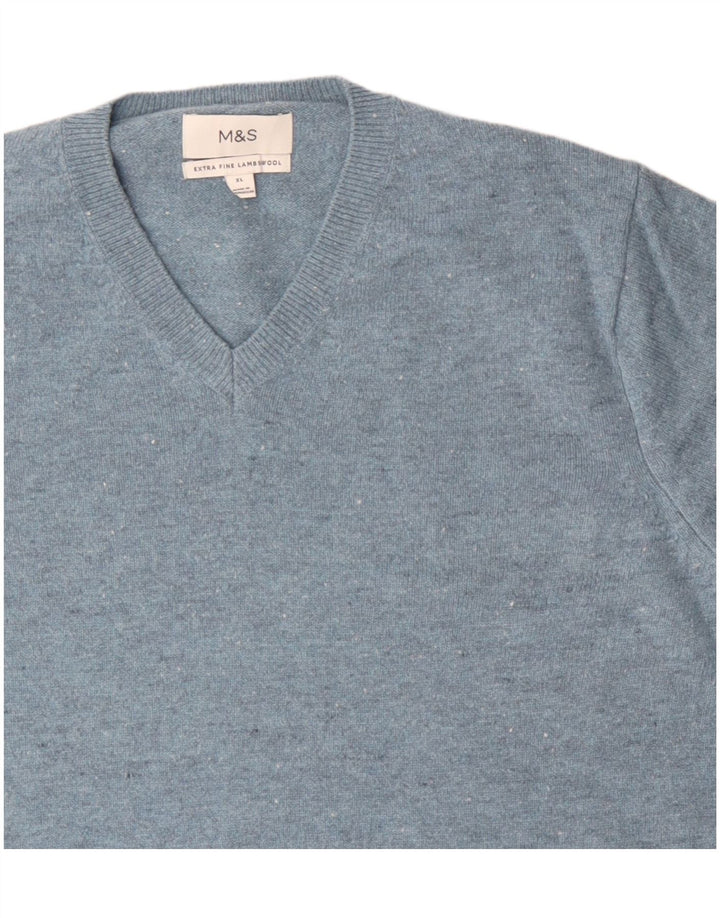 Marks & Spencer Herre V-hals sweater XL Blå Flecked Lammeuld