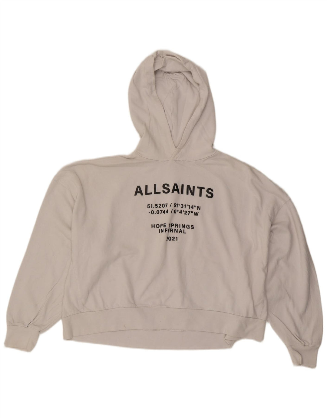 All Saints Dame Oversized Crop Graphic Hoodie Jumper UK 14 Medium White