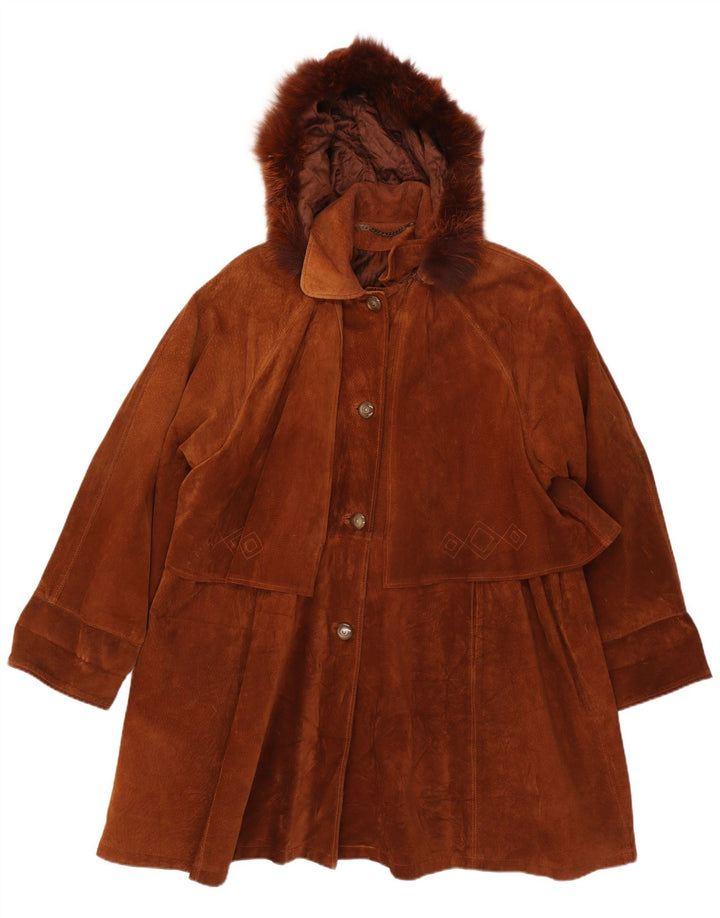 Vintage Dame Oversized Hætte Ruskind Overfrakke IT 44 Medium Brun Læder