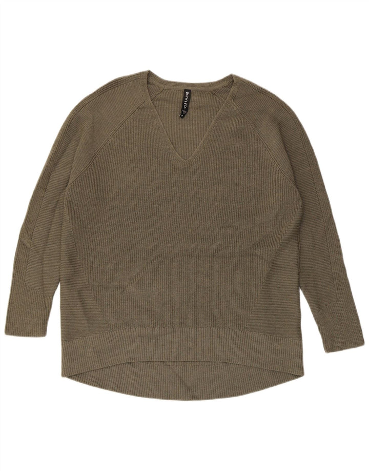 ATHLETA Dame V-hals sweater UK 14 Medium Khaki Polyester