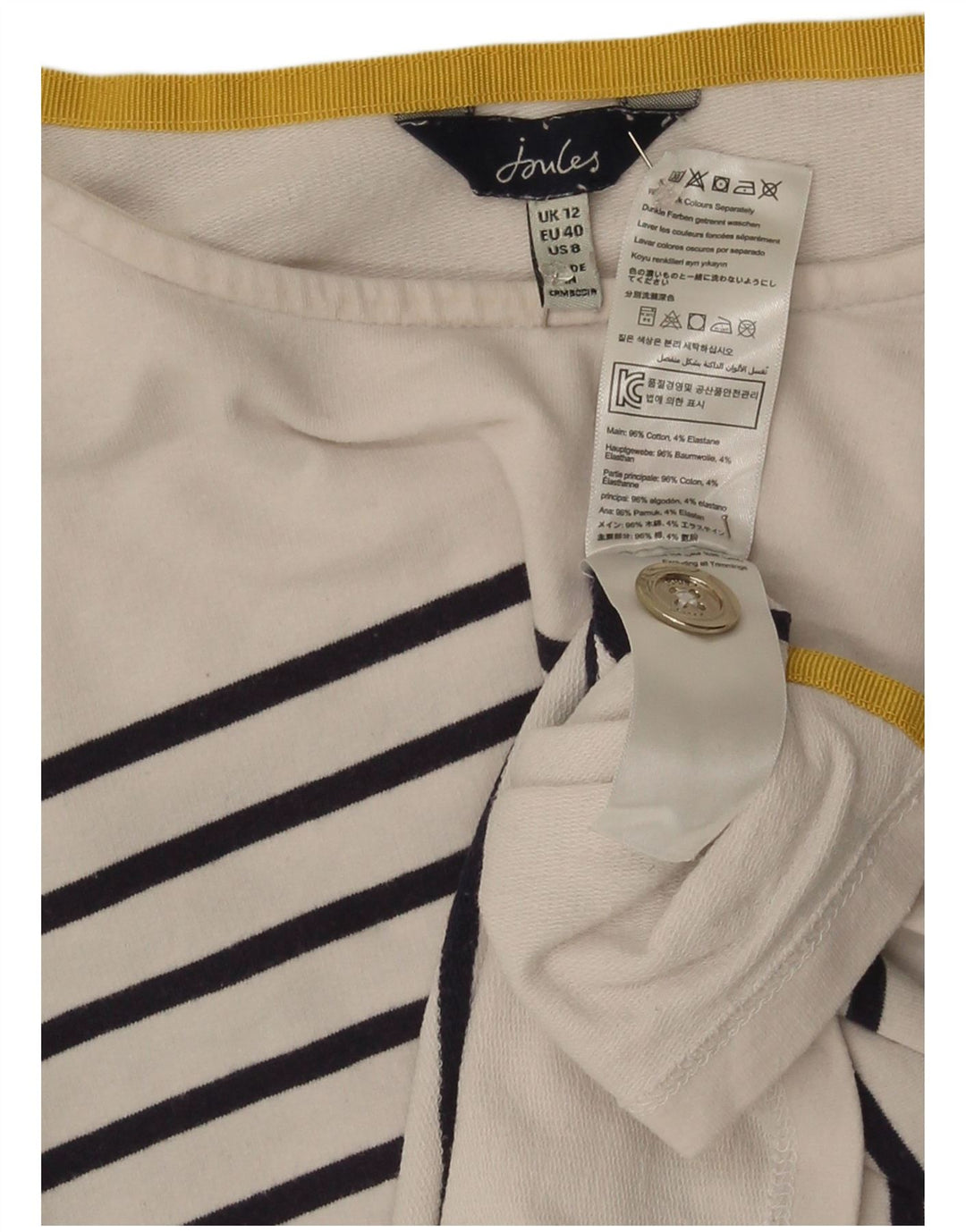 Joules Dame Top Langærmet UK 12 Medium Hvid Stribet Bomuld