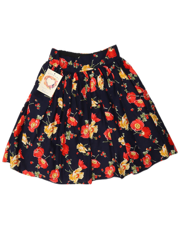 Vintage Womens Pleated A-Line Skirt UK 10 Small W28 Navy Blue Floral Cotton