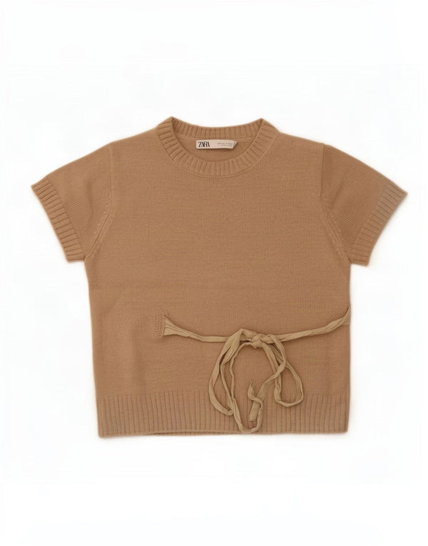 Zara Womens Crop Kortærmet Jumper Sweater med rund hals UK 10 Small Beige