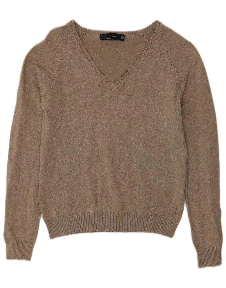 Zara Dame V-hals sweater UK 12 Medium Grå Bomuld