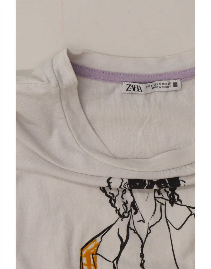 Zara Dame Oversized grafisk T-shirt Top UK 10 Small White