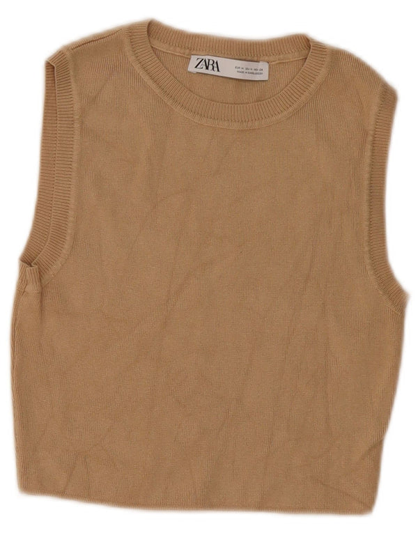 Zara Dame Crop Vest Tank Top UK 12 Medium Beige Viscose