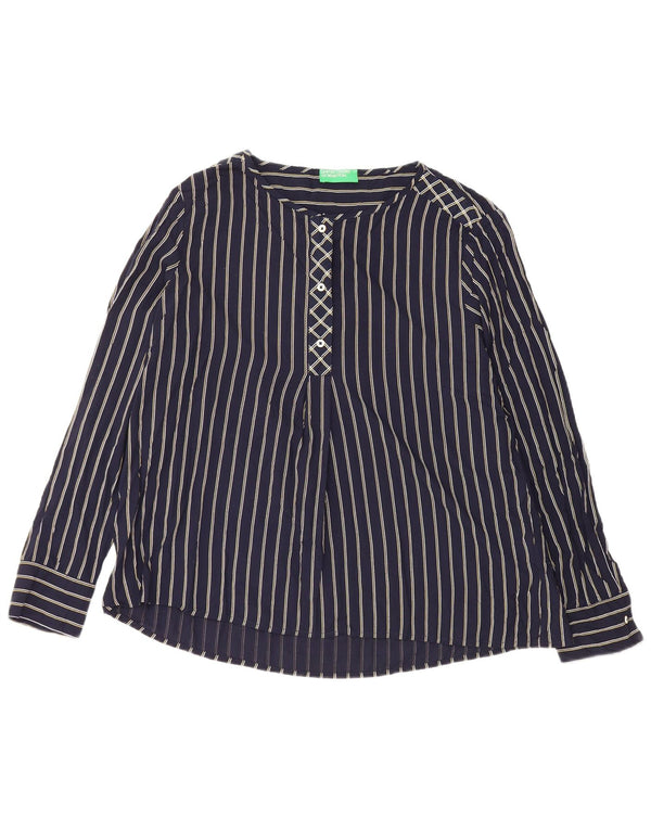BENETTON Dame Langærmet Bluse Top UK 16 Large Navy Blue Pinstripe