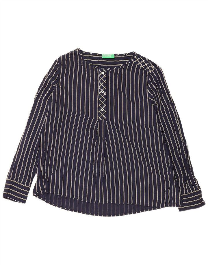 BENETTON Dame Langærmet Bluse Top UK 16 Large Navy Blue Pinstripe
