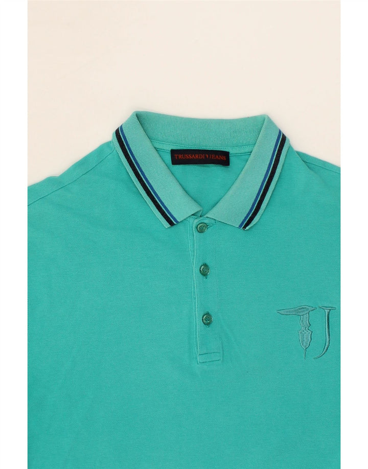 TRUSSARDI JEANS Mens Polo Shirt Small Turquoise Cotton Vintage Trussardi Jeans and Second-Hand Trussardi Jeans from Messina Hembry 