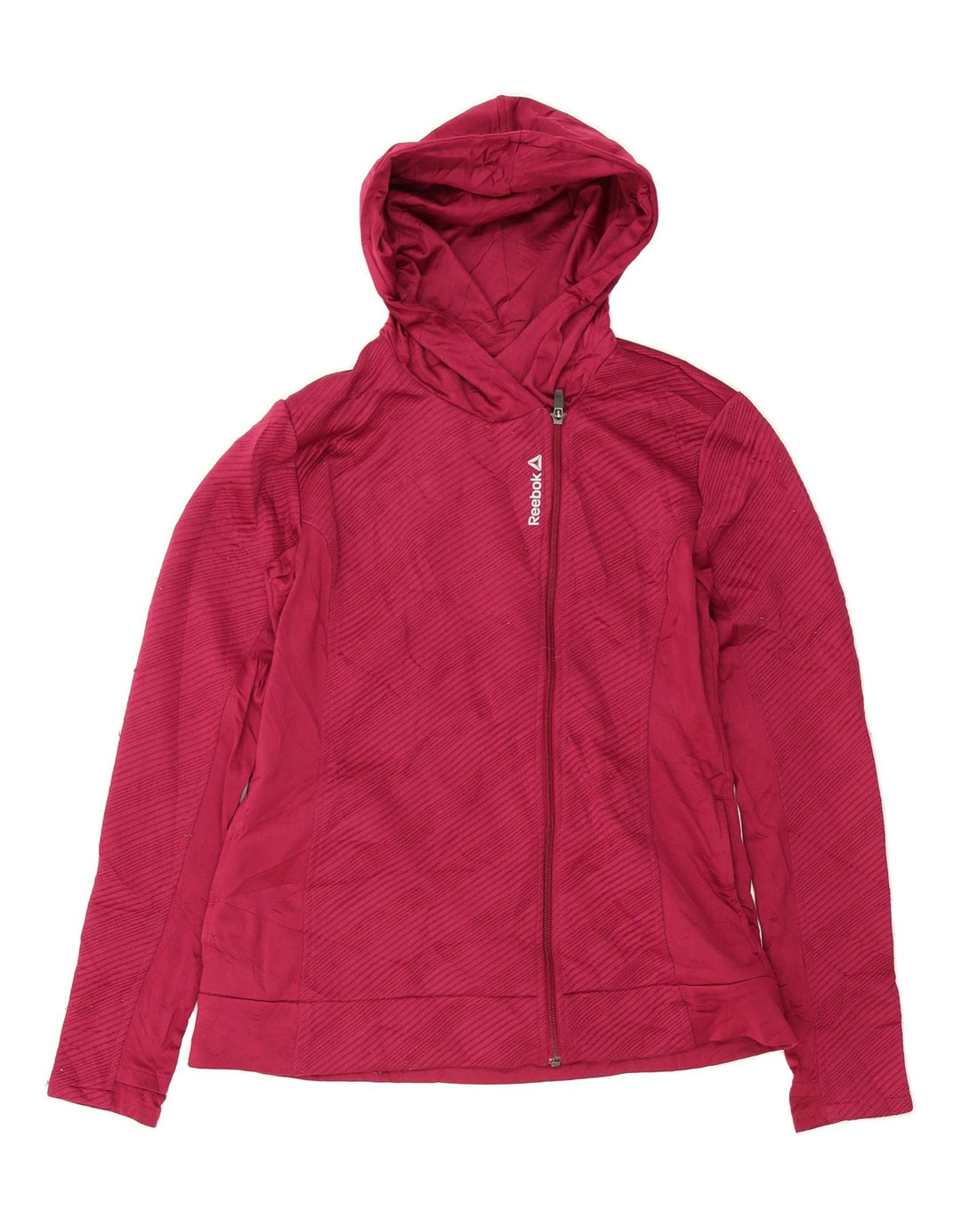 REEBOK Womens Zip Hoodie Sweater UK 12 Medium Burgundy Striped Polyester Vintage Reebok and Second-Hand Reebok from Messina Hembry 