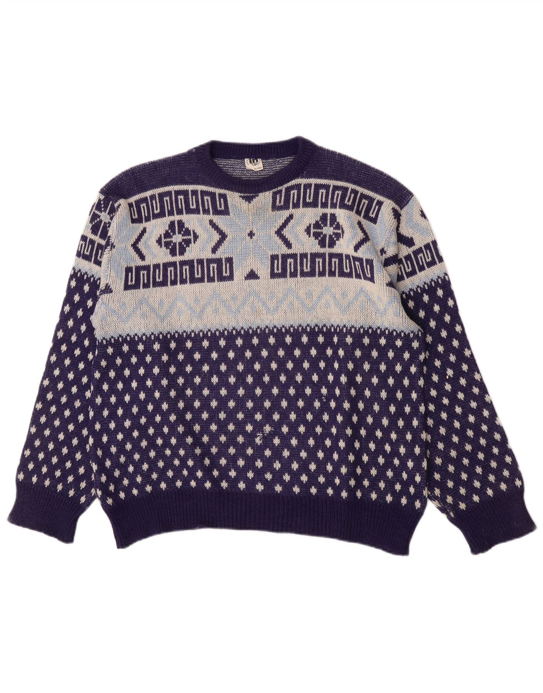 Vintage herre rund hals sweater medium marineblå geometrisk