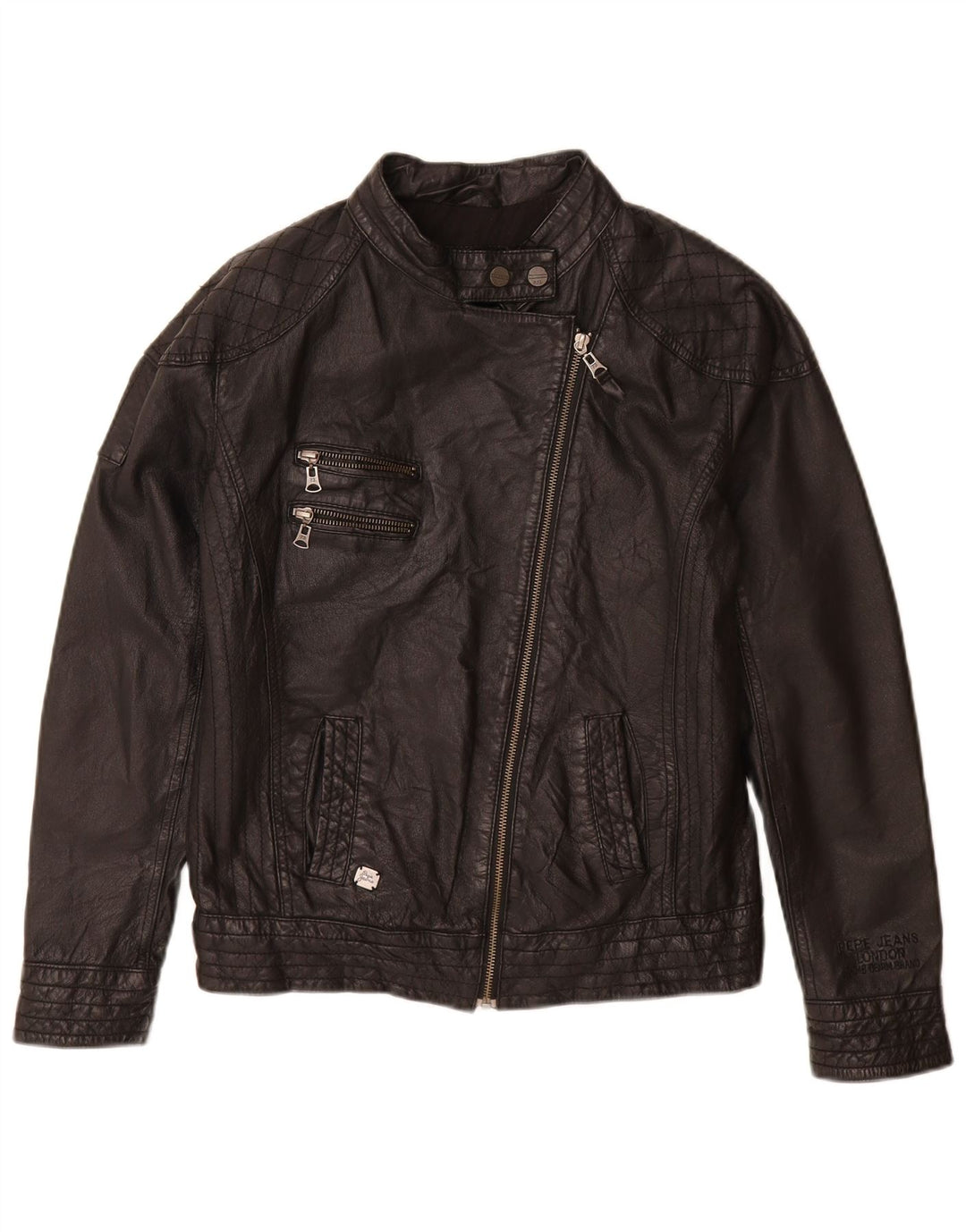 PEPE Jeans Dame Læder Biker Jacket UK 14 Medium Sort Læder