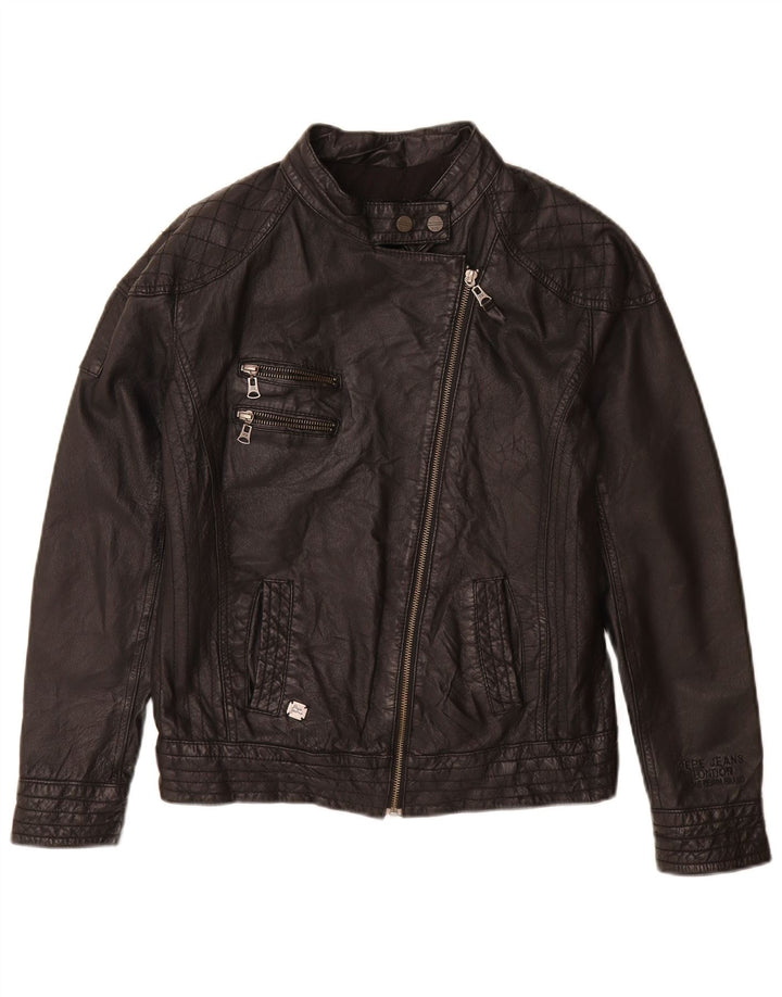 PEPE Jeans Dame Læder Biker Jacket UK 14 Medium Sort Læder